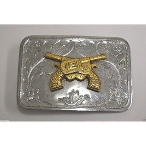 Nice Vintage Crossed Pistols Guns Western Chrome Silver Tone Belt Buckle HTF